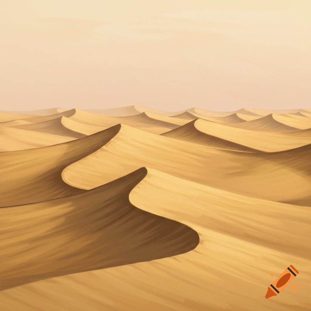 Painterly golden ochre and sandy beige desert dunes with soft shadows under a pale sky.