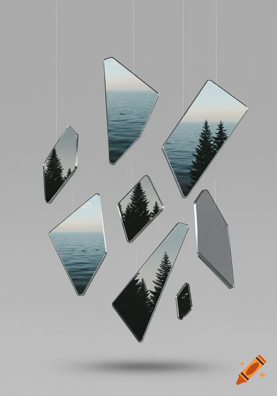 Surreal minimal illustration of floating mirror fragments reflecting a tranquil sea and dark pine trees against a muted gray background.