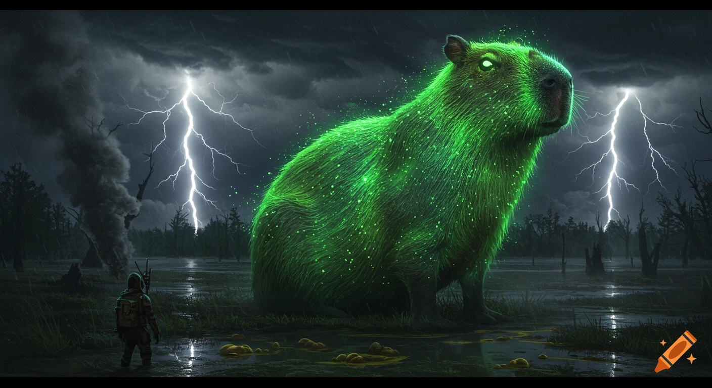 A giant glowing green capybara with luminous eyes sits in a stormy, post-apocalyptic swamp with lightning and a small figure.