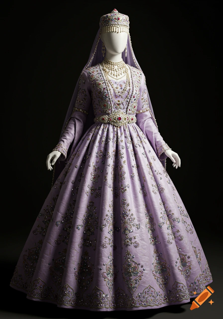 Detailed, museum-quality Safavid-era Isfahani bridal costume on a mannequin, featuring lilac silk and intricate embroidery.