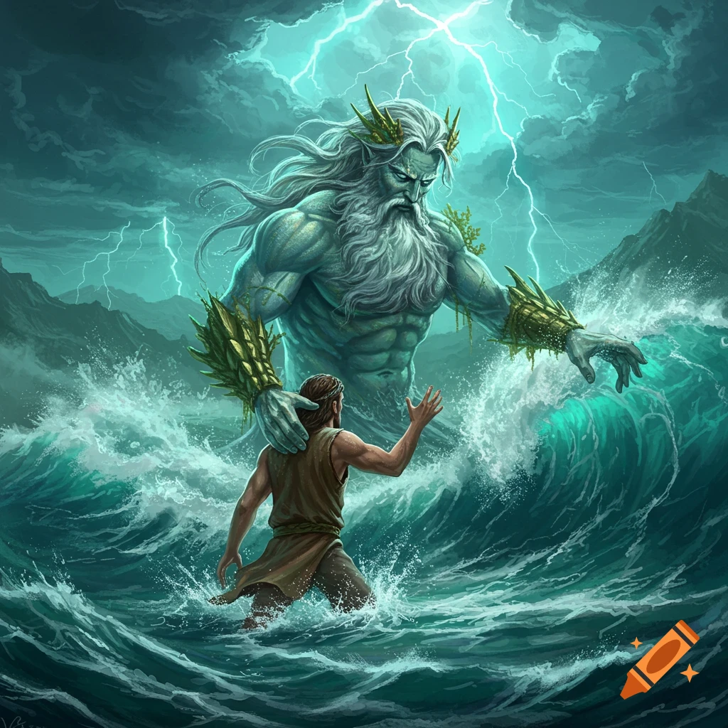 A giant, muscular sea god with a white beard and crown reaches out to a man in stormy, turquoise ocean waters with lightning above. Stylized digital art.