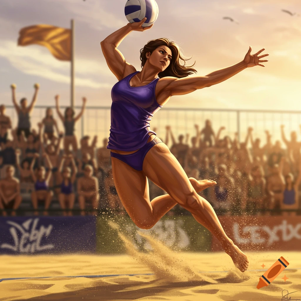 Muscular female volleyball player in a purple jersey jumps to spike a ball on a sandy court with a cheering crowd in this illustration.