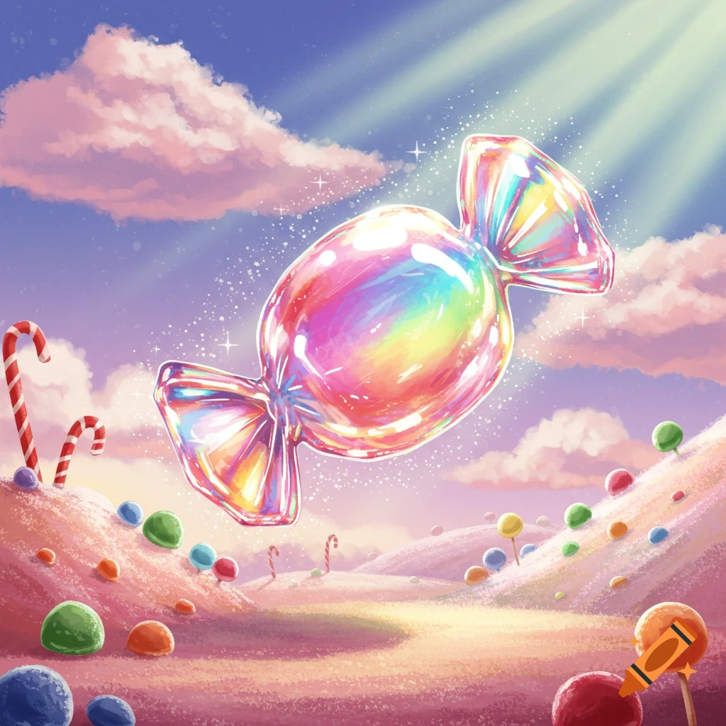 Whimsical illustration of a giant rainbow candy floating over a sugary landscape with candy canes and lollipops.