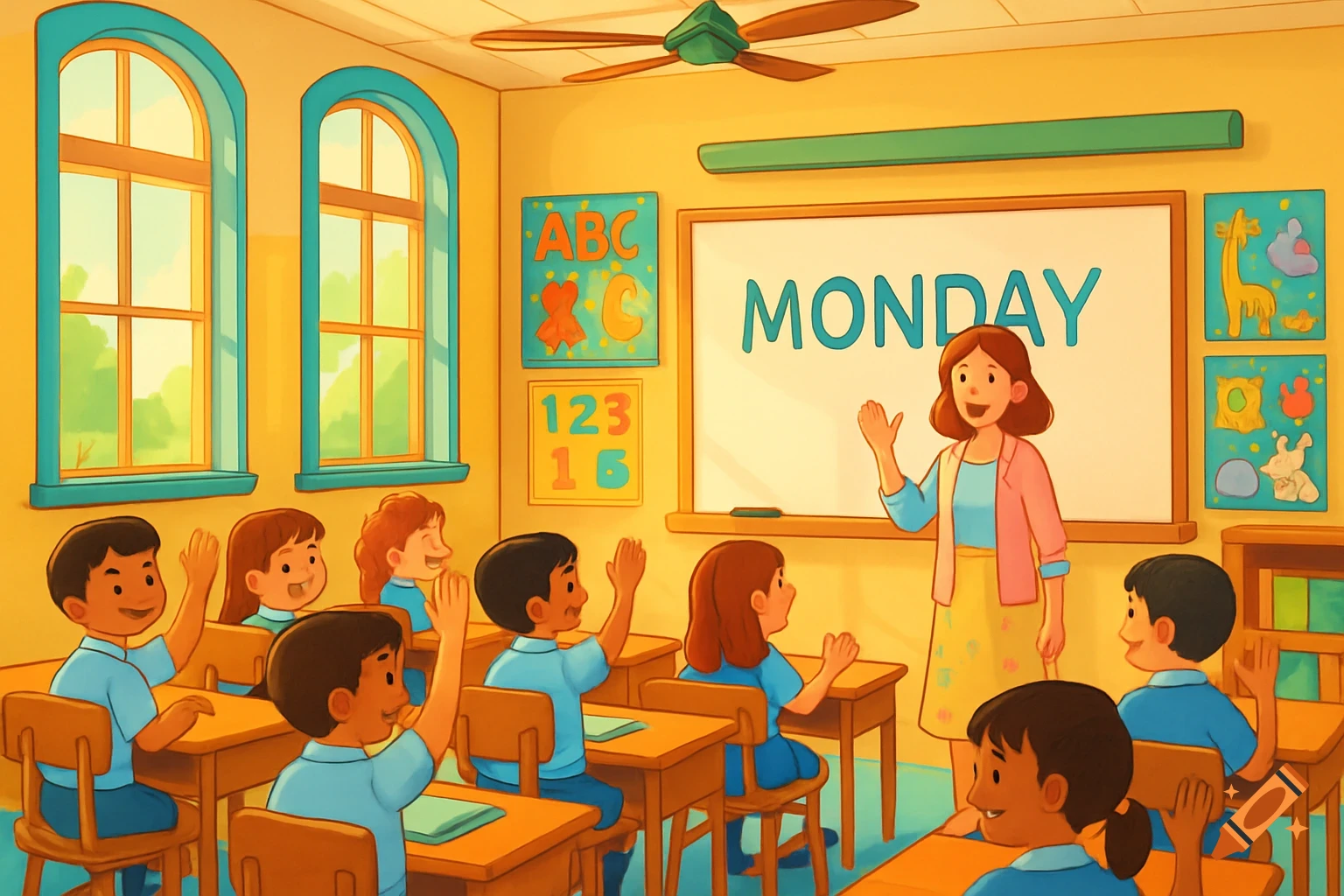 A cartoon illustration of a teacher talking to students in a classroom, with several students raising their hands.