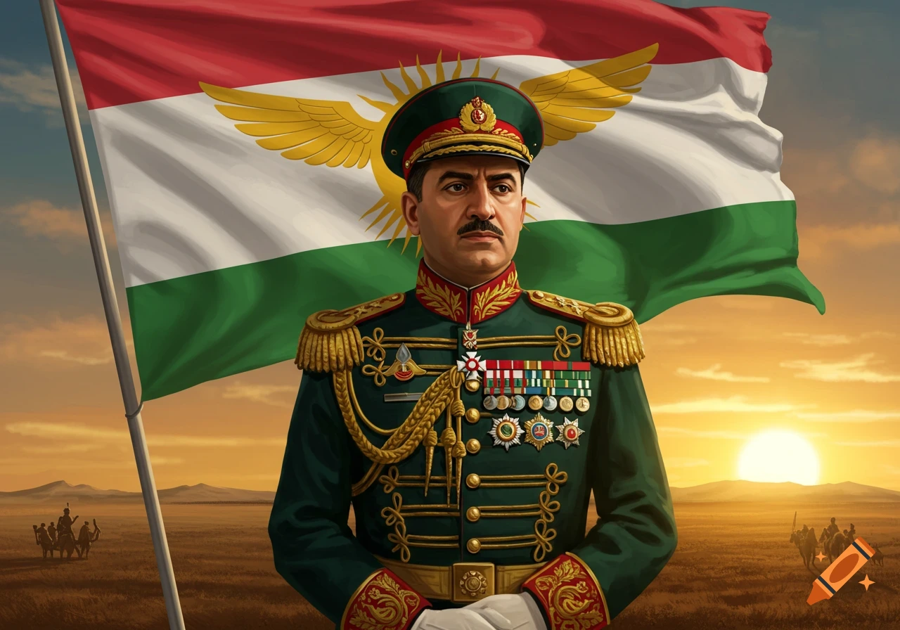 Illustrated portrait of a general in green military uniform with medals, standing before an Assyrian flag at sunset.