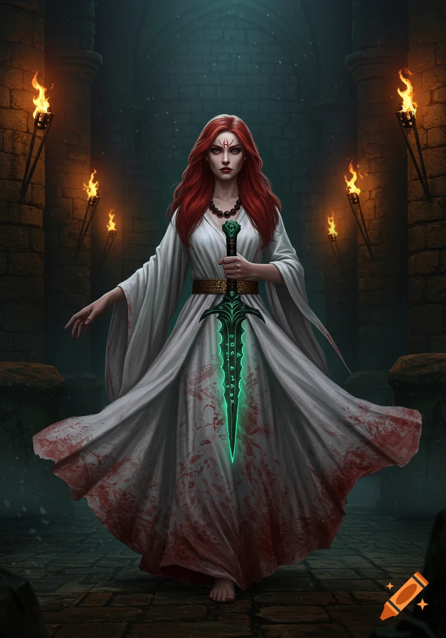 A red-haired priestess in a blood-stained white robe holds a glowing green dagger in a dark, torch-lit dungeon.