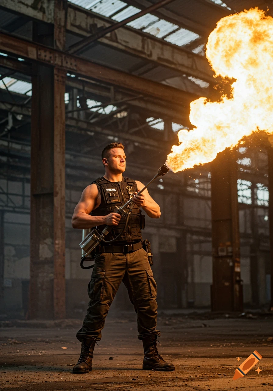 Muscular man in tactical vest wielding a flamethrower with a large flame in a derelict industrial building.