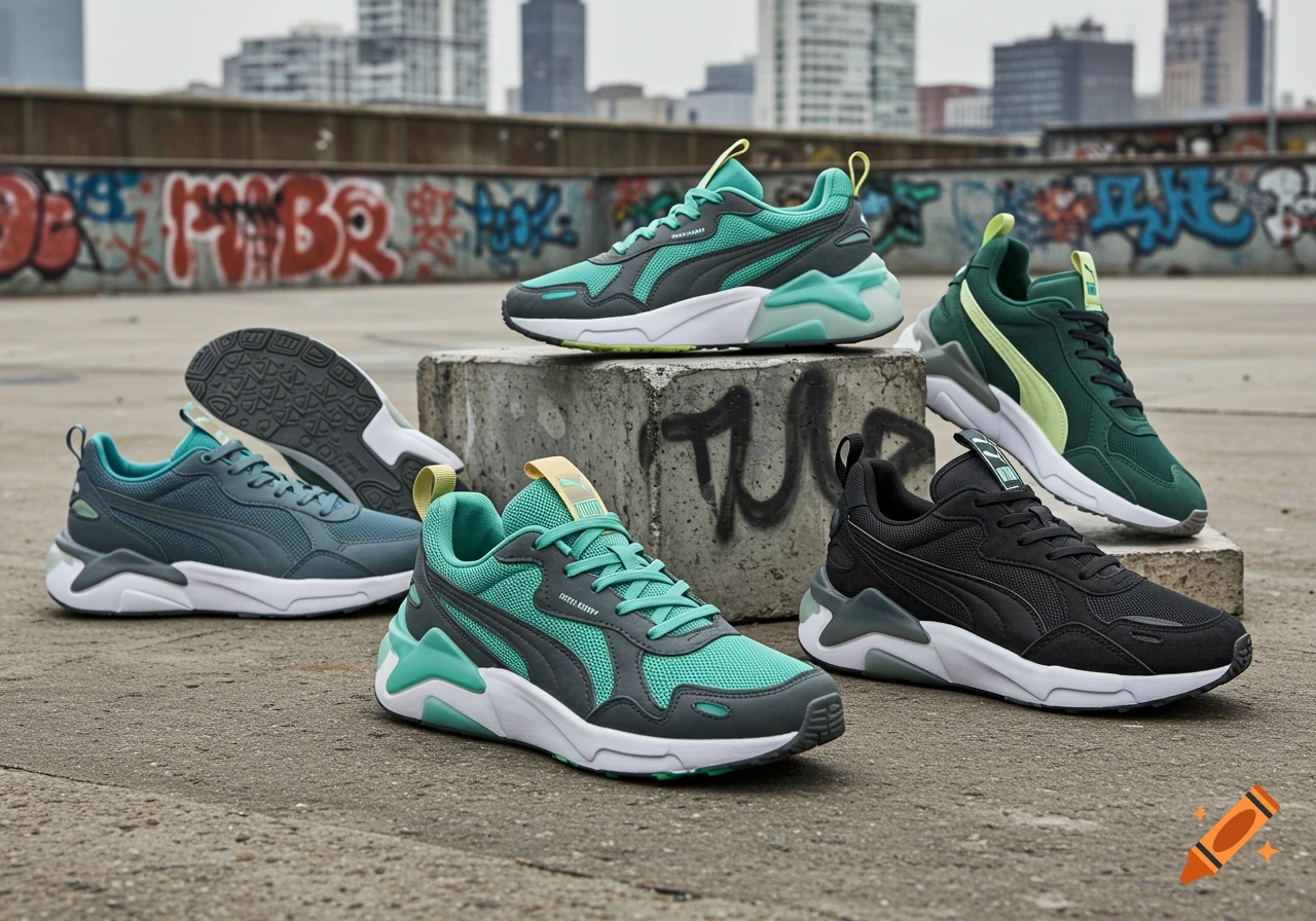 Multiple pairs of Puma-style sneakers in various colors like teal, green, and black, displayed on concrete blocks in an urban setting with graffiti in the background.