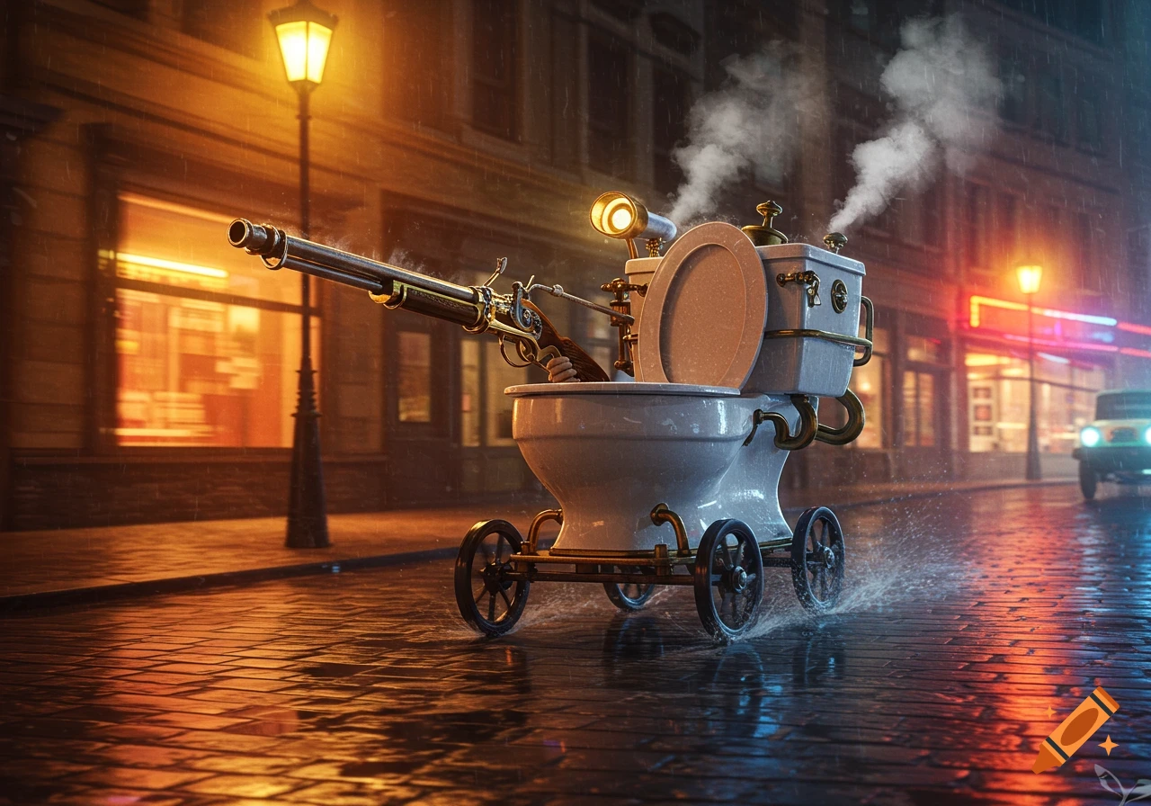 A steampunk-style Skibidi toilet with a large gun on wheels speeds down a wet, neon-lit city street at night in the rain.