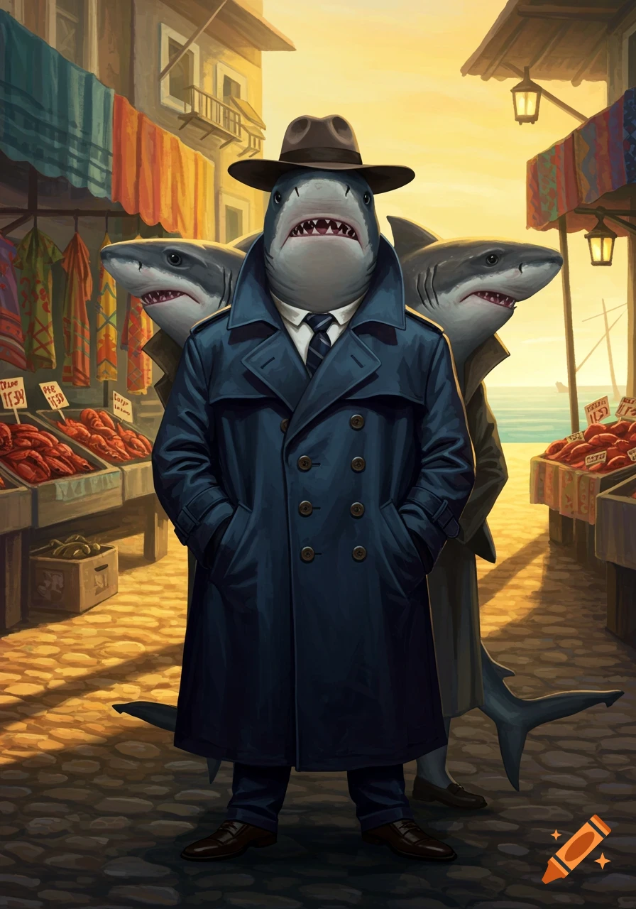 Three anthropomorphic sharks in trenchcoats and a fedora stand in a bustling market at sunset, digital art.