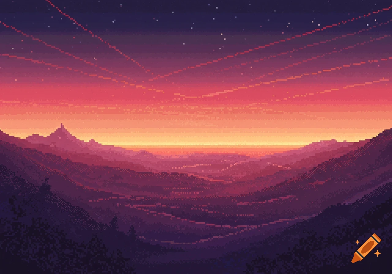 Pixel art landscape with layered mountains under a vibrant sunset and starry sky.