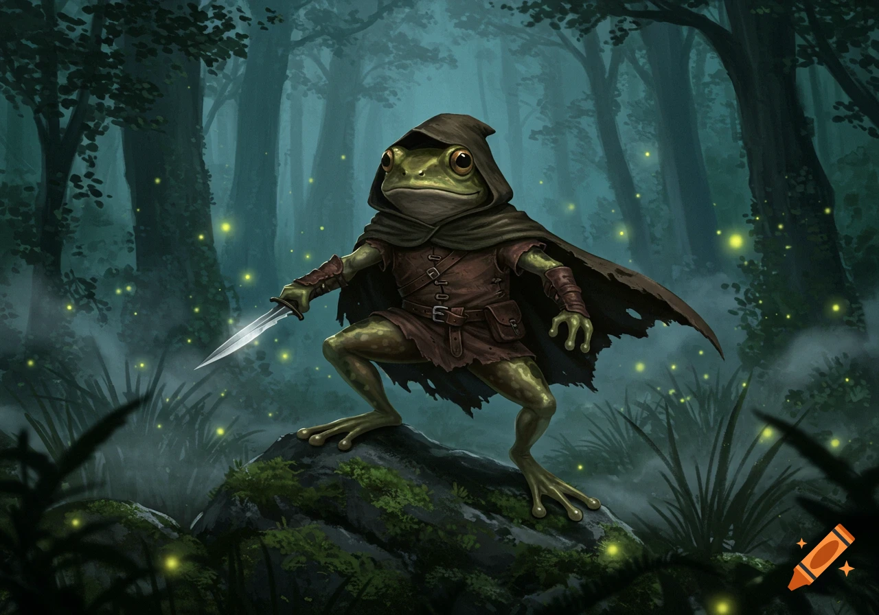 A frog rogue in a brown cloak and hood holds a dagger, standing on a mossy rock in a dark, misty forest with fireflies.
