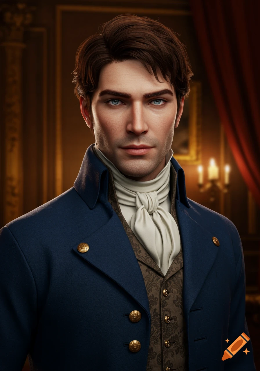 A handsome man with dark hair and blue eyes wears an elegant blue Regency-era coat and a white cravat, in a detailed portrait.