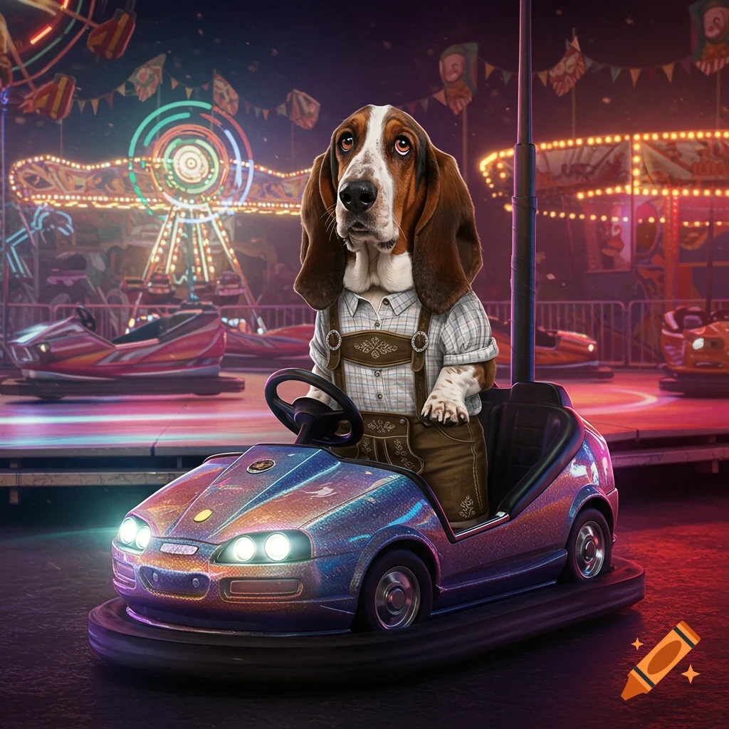 A Basset Hound in Bavarian lederhosen drives a sparkling bumper car at a vibrant fairground at night.