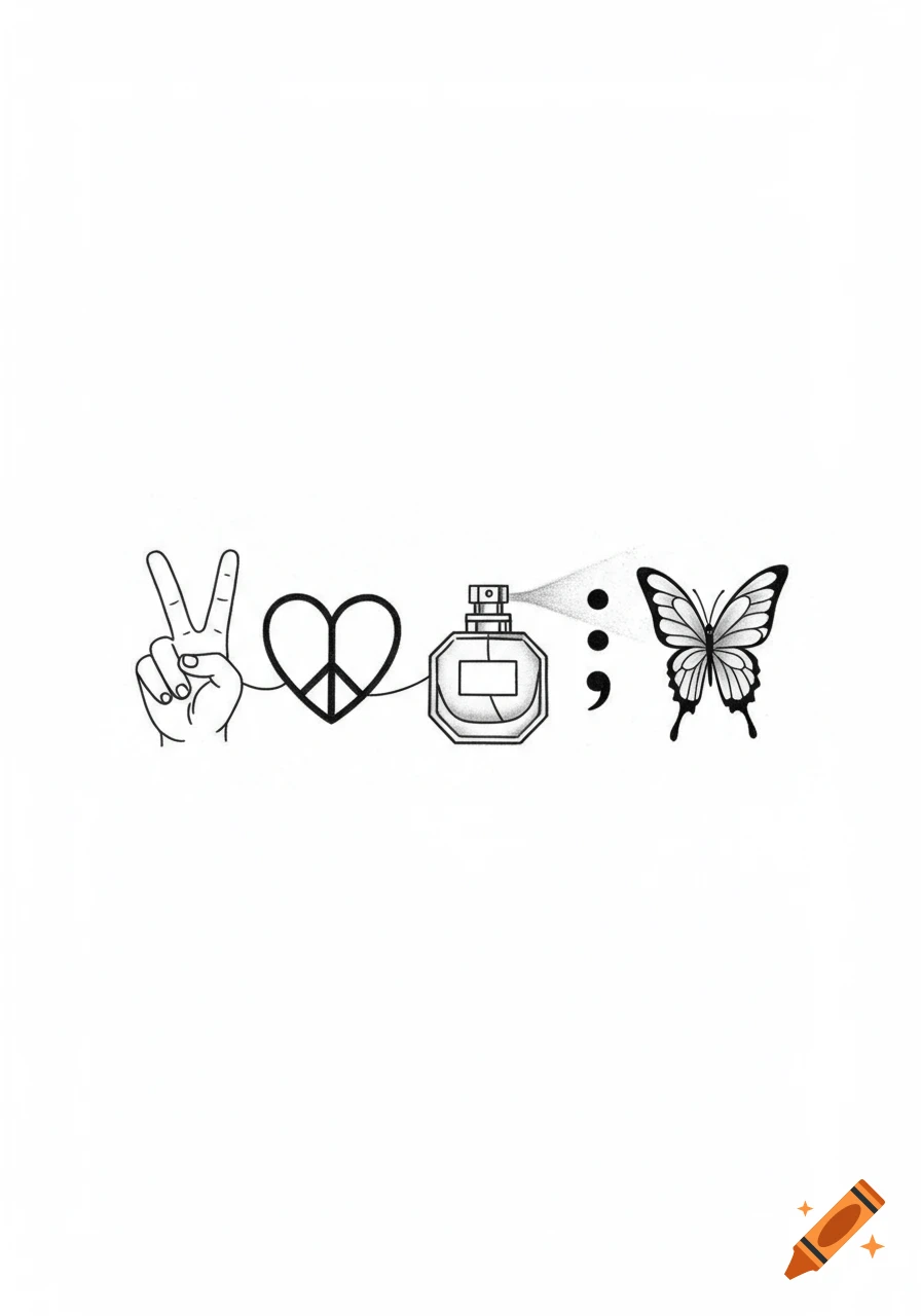Minimalist line art depicting a peace sign hand, a heart with a peace symbol, a perfume bottle spraying, a semicolon, and a butterfly.