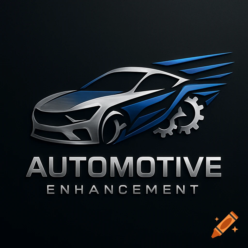 Silver and blue stylized logo of a car with speed lines and a gear, with text 'AUTOMOTIVE ENHANCEMENT'.