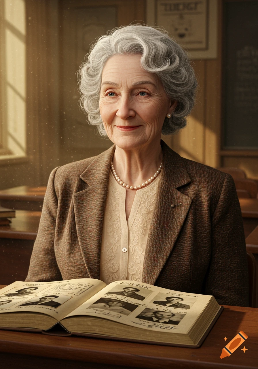 Photorealistic portrait of a smiling elderly woman with grey hair in a classroom, with an open yearbook on the desk.