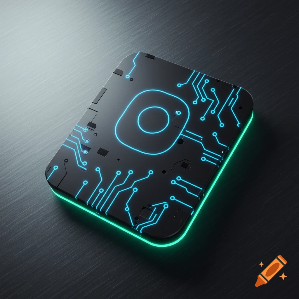 Stylized black electronic device with glowing blue circuit patterns and a green edge, on a dark brushed metallic surface.