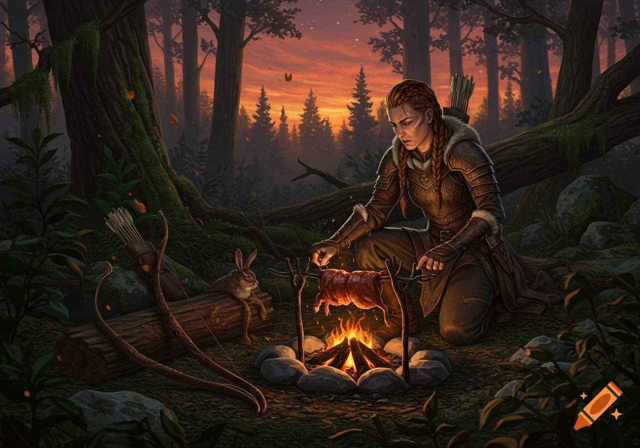 Fantasy art of an archer huntress cooking a rabbit over a campfire in a forest at sunset.