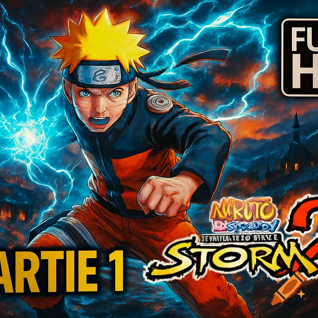 Anime art of Naruto Uzumaki in an action pose with blue lightning against a stormy sky, featuring 'Naruto Storm 2', 'FULL HD', and 'PARTIE 1' text.