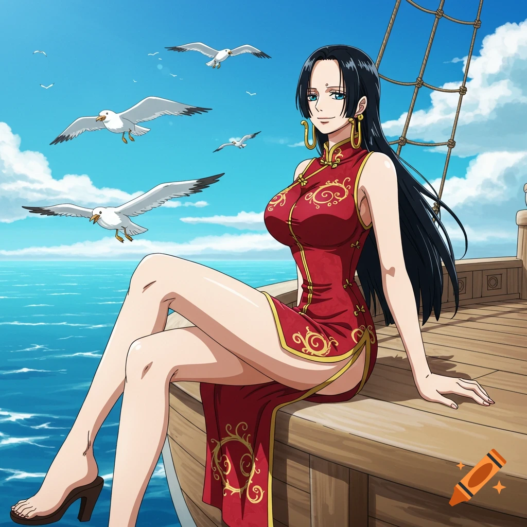 Boa Hancock in a red cheongsam sitting on a wooden boat, with seagulls flying over a blue ocean, in anime style.