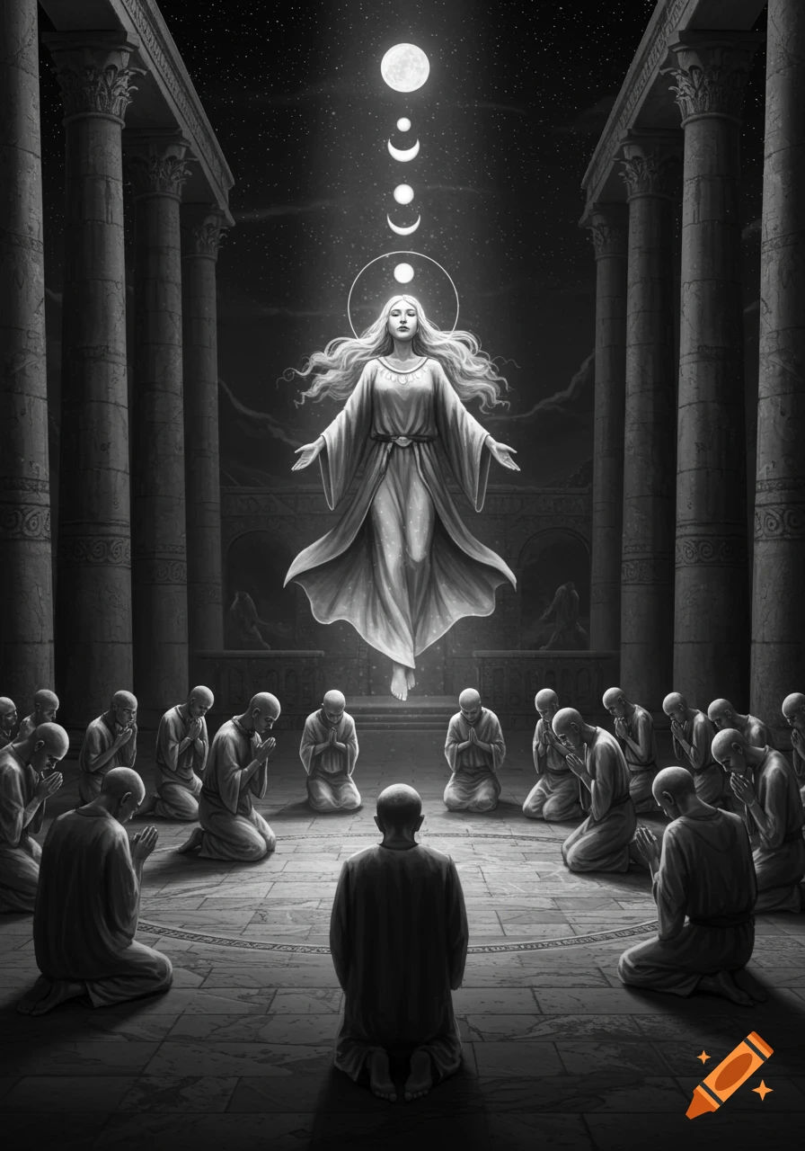 A floating moon goddess with flowing hair is worshipped by many kneeling figures in an ancient temple ruin at night, depicted in black and white.