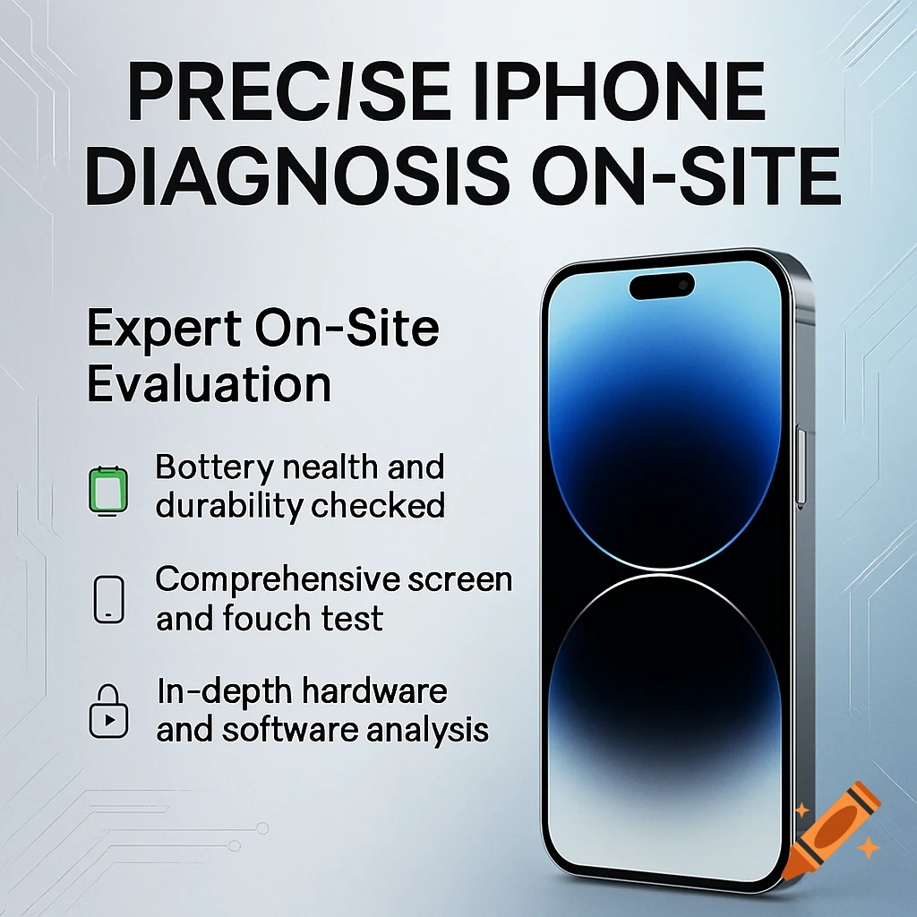 Advertisement for on-site iPhone diagnosis service, featuring a modern smartphone and bullet points of services.