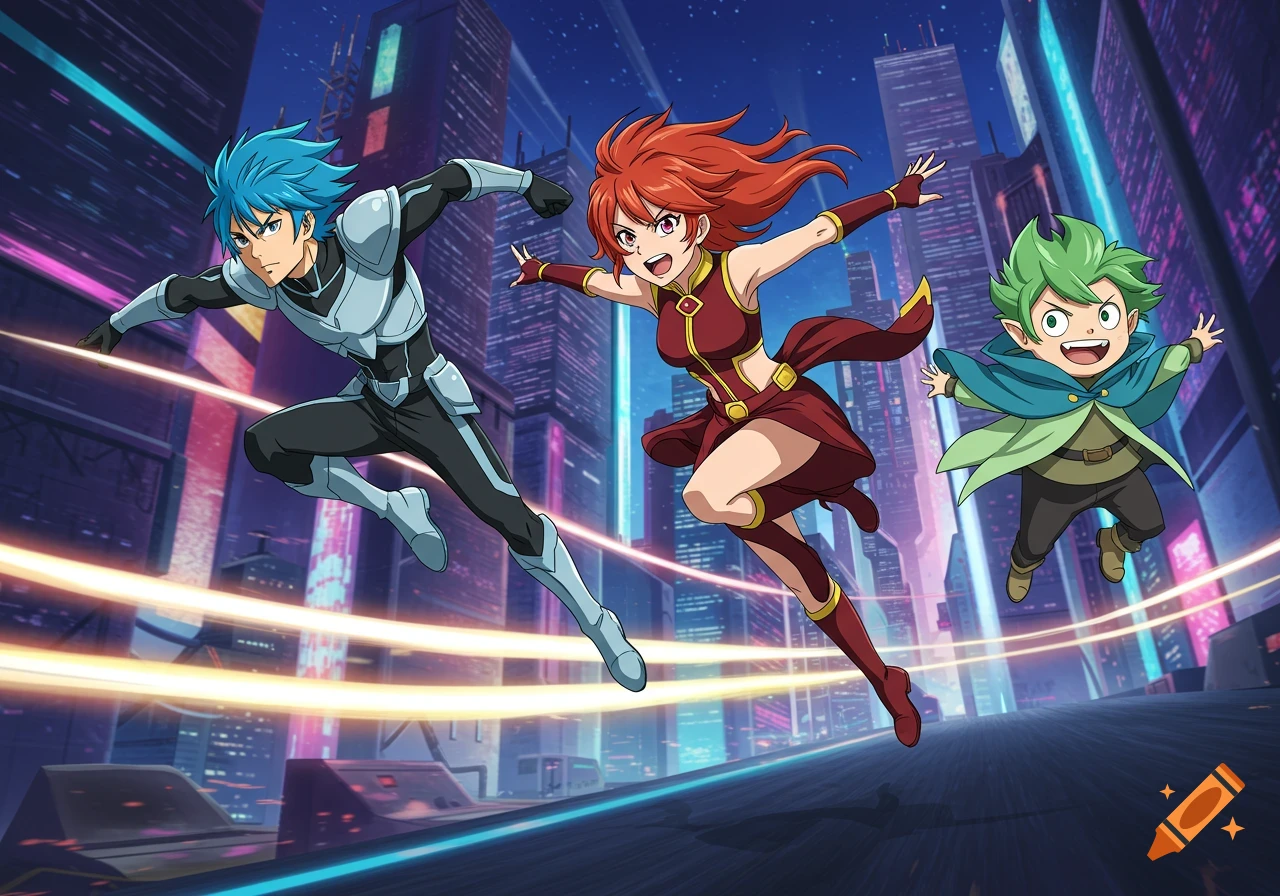 Three anime characters, a blue-haired man, a red-haired woman, and a green-haired boy, leap through a vibrant neon futuristic city at night.