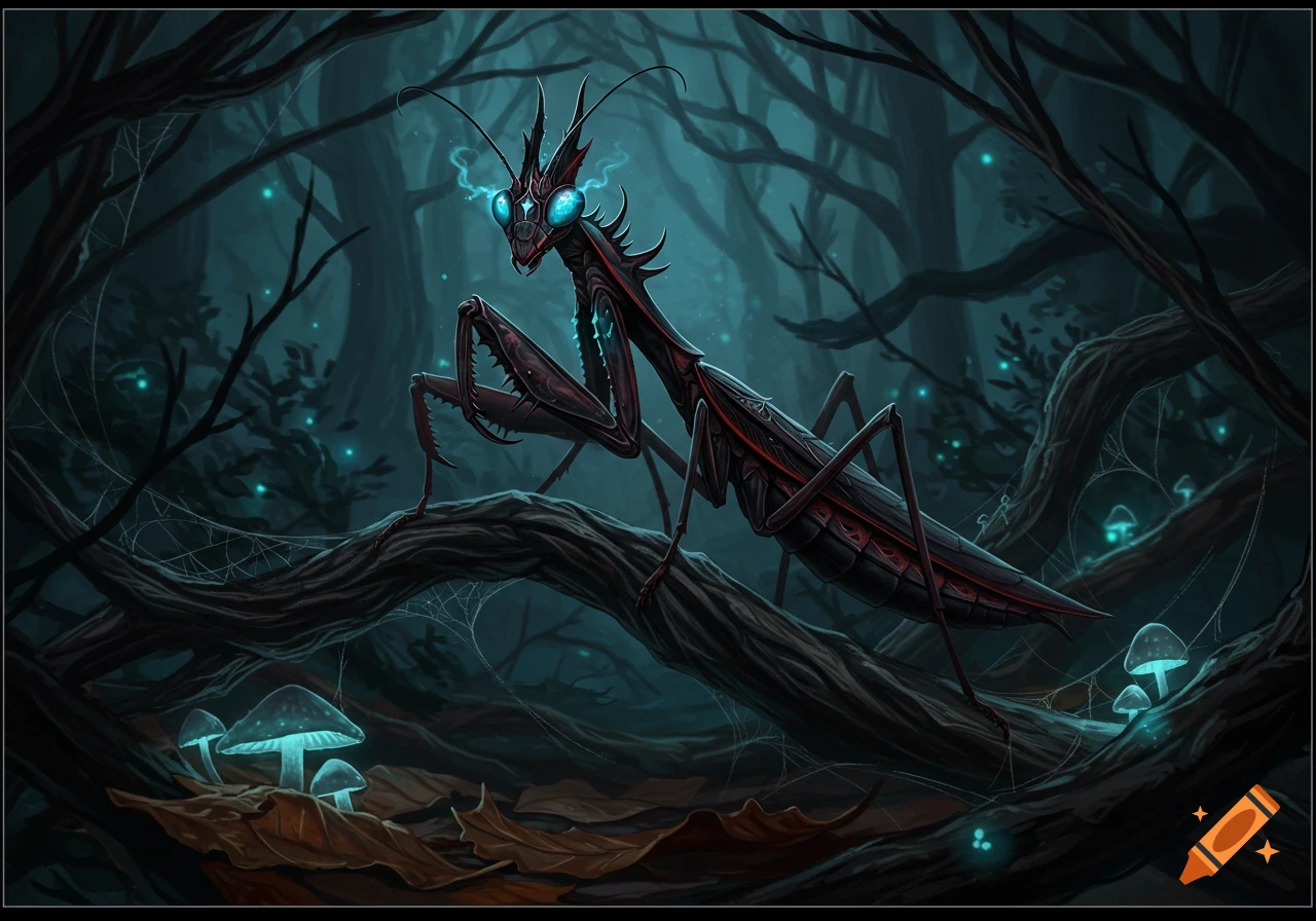 A dark, stylized mantis with glowing blue eyes and chest sits on a tree branch in an ethereal, dark forest with glowing mushrooms.