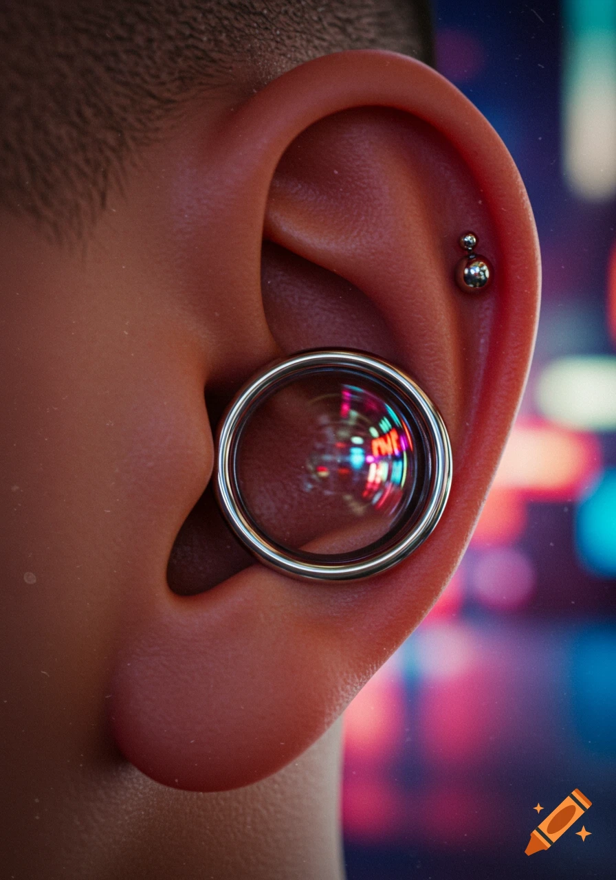 Close-up of a human ear with a chrome flesh tunnel reflecting city lights and a silver stud piercing.
