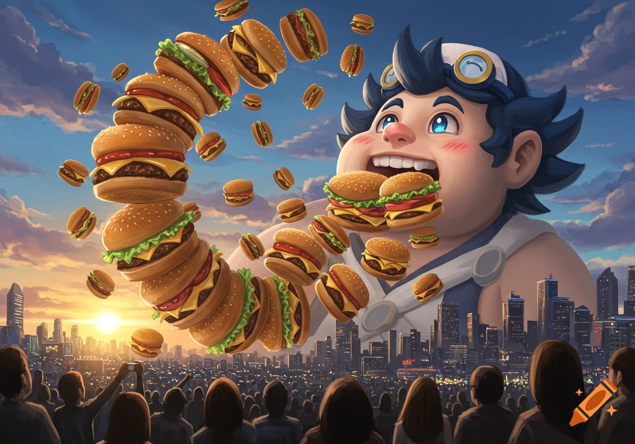 Giant anime character, with blue hair and goggles, eats a swirling ring of hamburgers above a city skyline at sunset, observed by a large crowd below.
