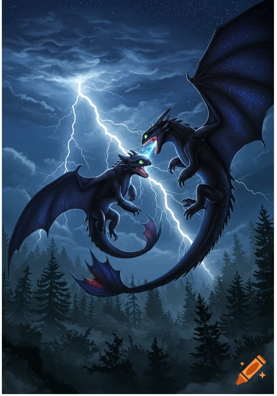 Two black Night Fury dragons face each other with glowing mouths in a stormy sky with lightning over a forest.