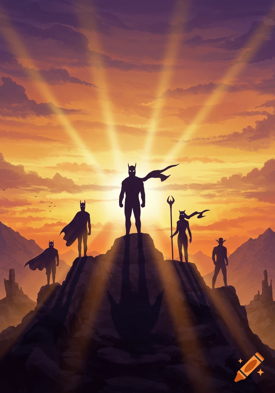 Silhouettes of five heroic figures standing on mountain peaks against a dramatic orange and purple sunset with radiating light rays.