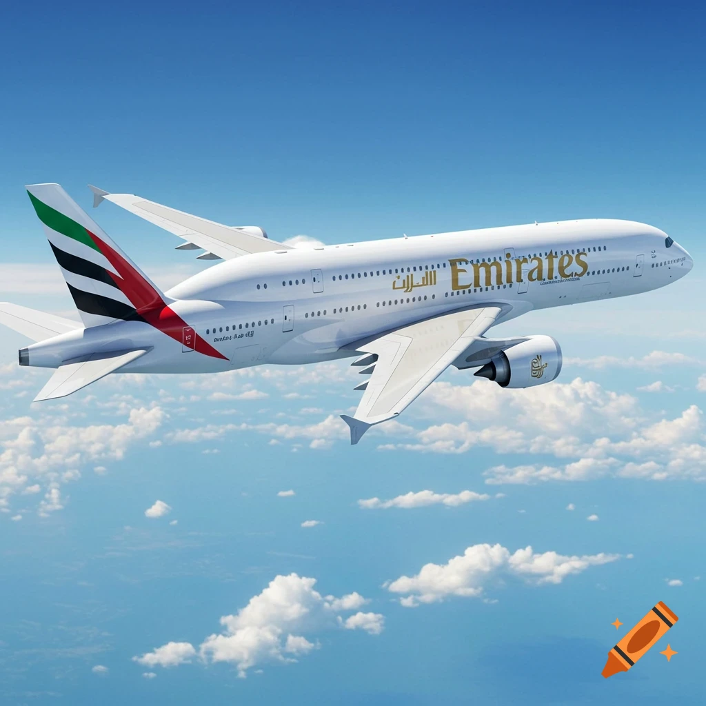 A large white Emirates A380 airplane flying in a blue sky with white clouds.