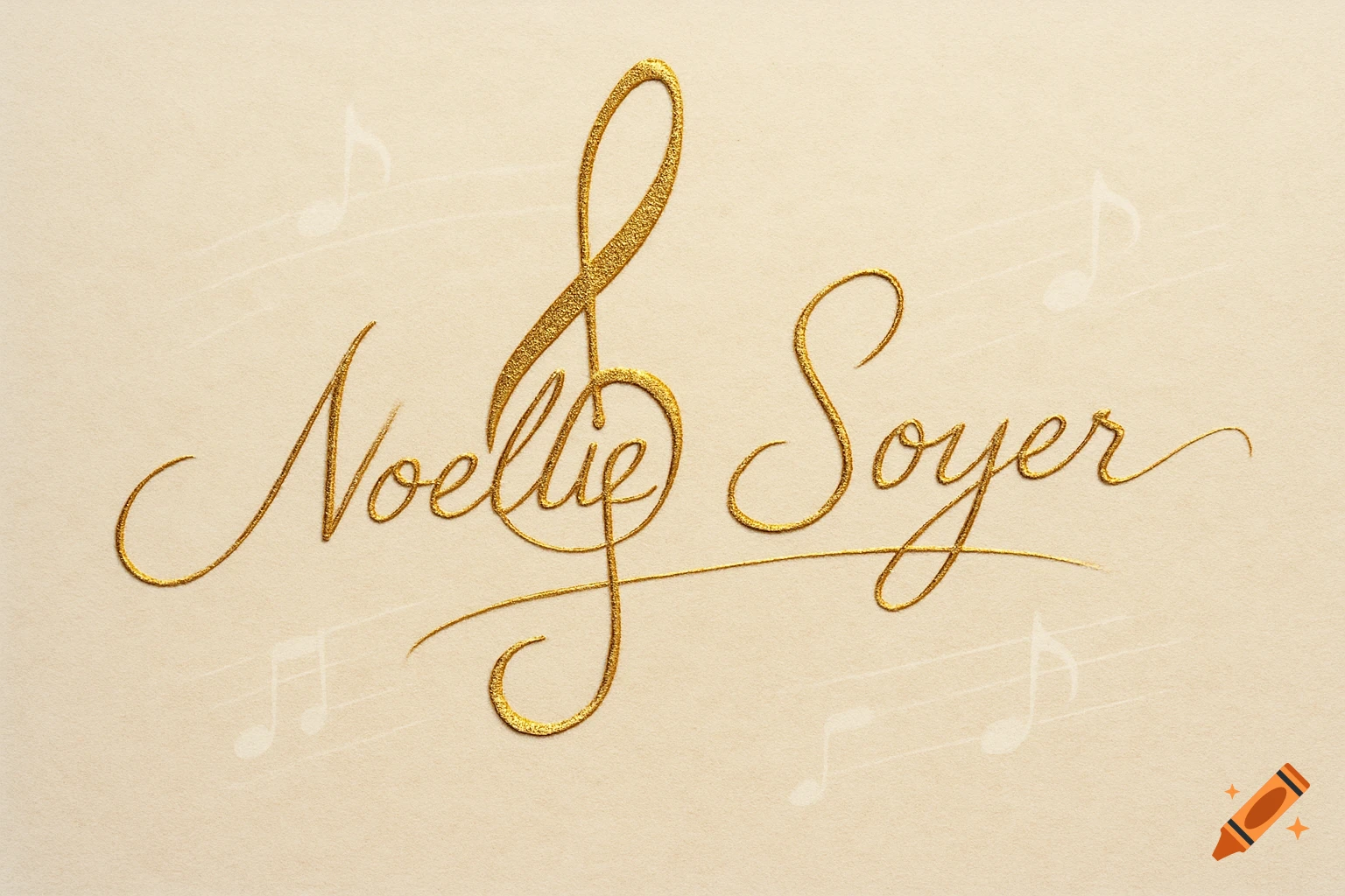 Gold embossed cursive signature 'Noellie Soyer' with a treble clef and faint musical notes on a cream background.