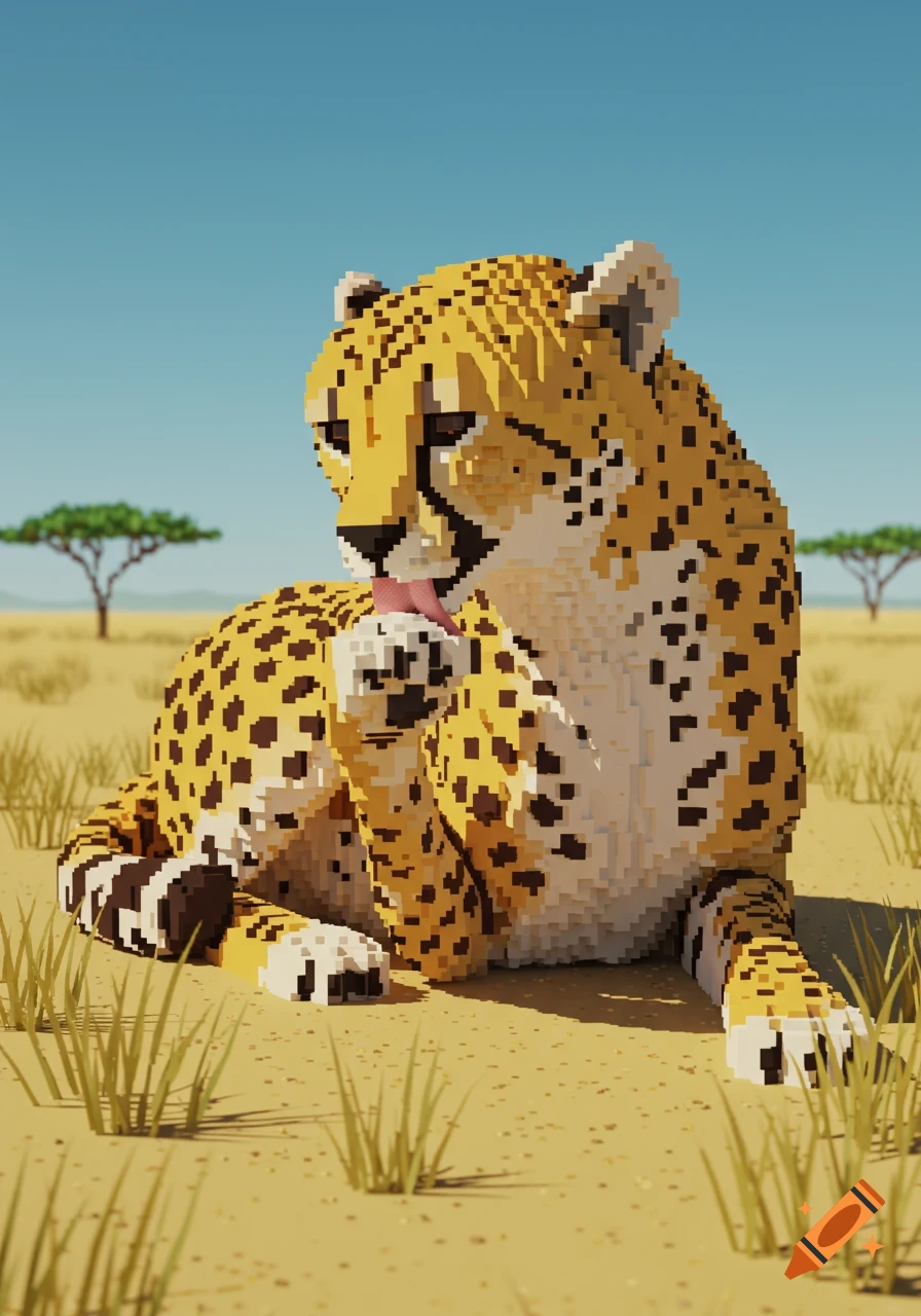 A pixelated cheetah lies in a savanna, licking its front paw.