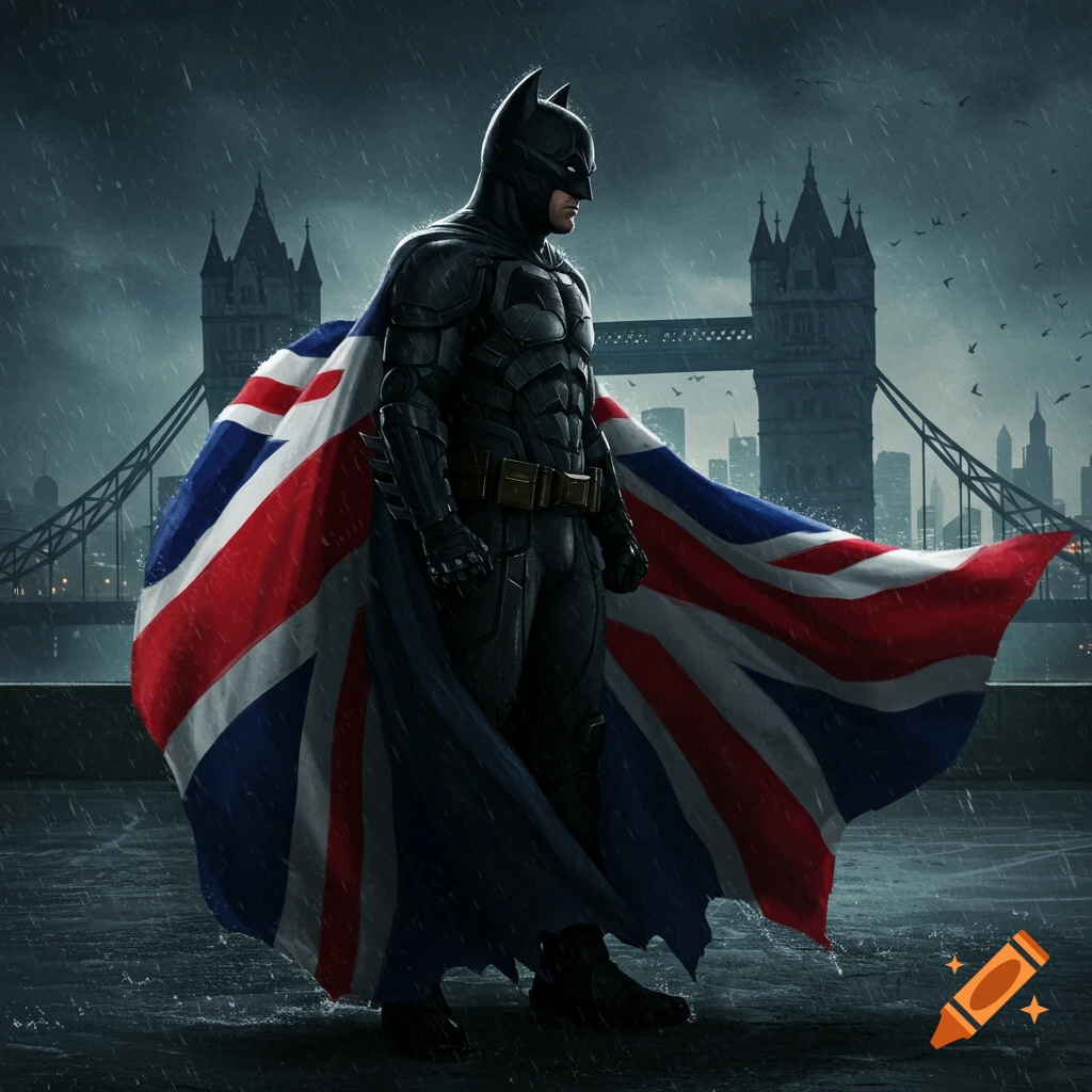 Batman stands on a rainy rooftop with a flowing British flag cape, overlooking London's Tower Bridge at dusk.