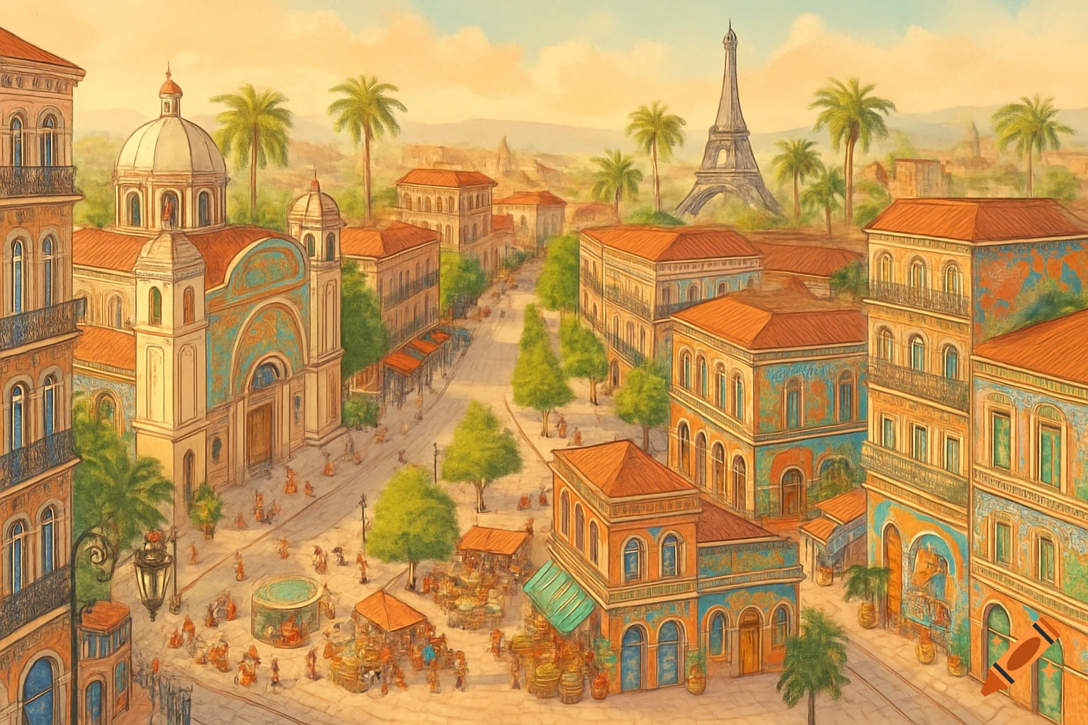 Vibrant, stylized painting of a city with European and tropical architecture, a large church, market, palm trees, and the Eiffel Tower in the distance.