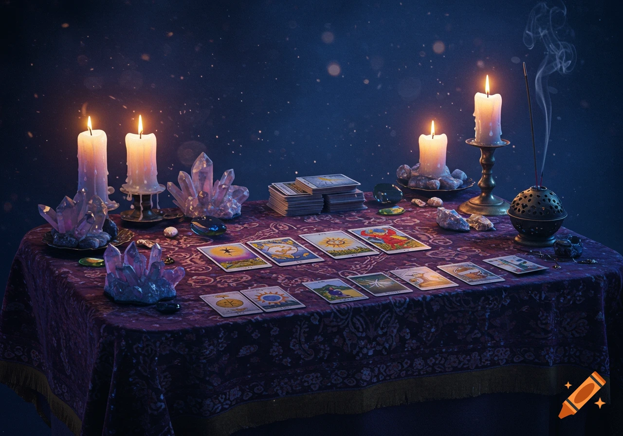 A mystical tarot card table adorned with glowing candles, sparkling crystals, and an incense burner, set against a dark, starry background.