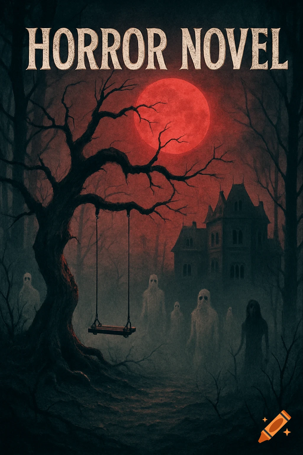 Illustration of a horror novel cover with a haunted mansion, ghosts, a swing on a gnarled tree, and a blood-red moon.