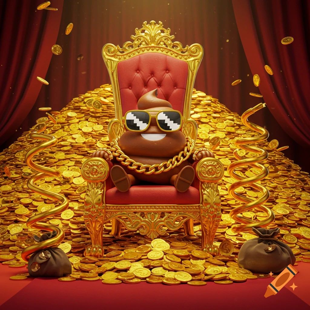 A cartoon poop emoji wearing sunglasses and a gold chain sits on a lavish golden throne, surrounded by piles of shining gold coins and red drapes.