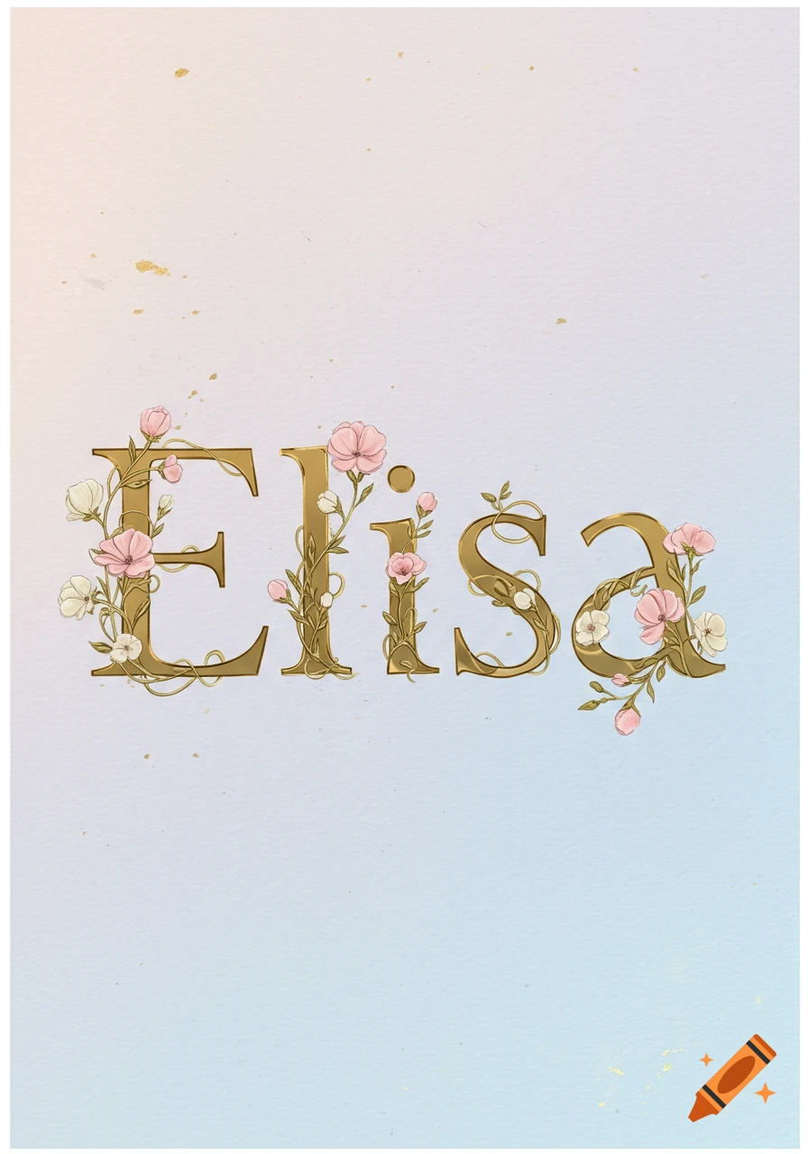 The name Elisa in golden, vine-entwined letters with pink and white flowers on a soft pastel background.