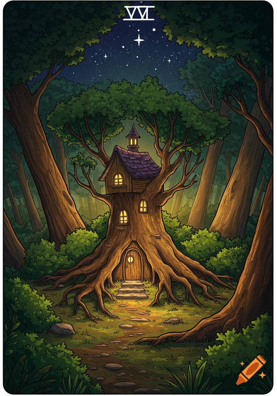 A cartoonish watercolor fantasy illustration of a mysterious tree house nestled in a dark forest under a starry night sky, in tarot card style.