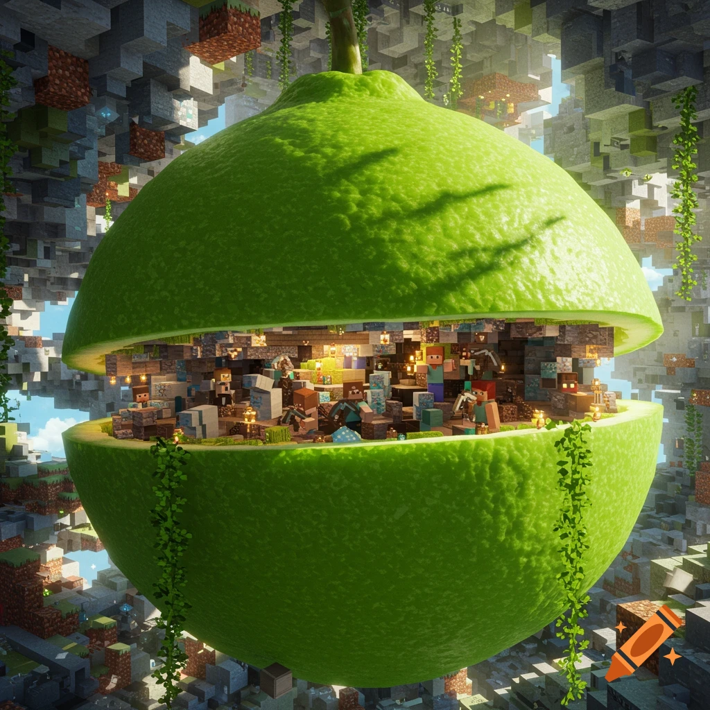 A giant green lime, split open to reveal a miniature Minecraft world with characters and block structures, floating in a blocky landscape.