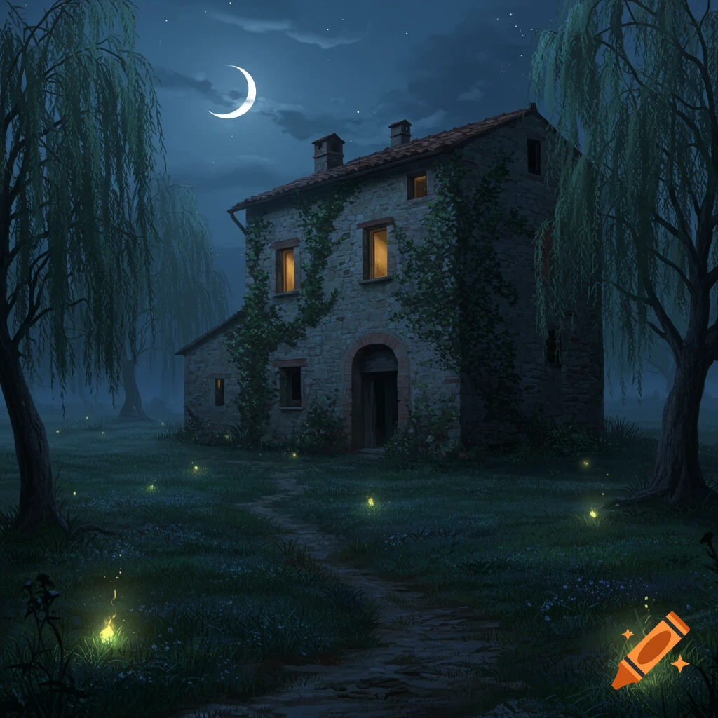 A spooky old stone house covered in vines, nestled among weeping willow trees under a crescent moonlit night, with fireflies glowing in the misty grass.