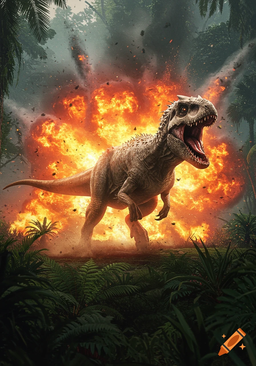 A photorealistic Indominus Rex dinosaur runs through a dense jungle as a large explosion erupts behind it.