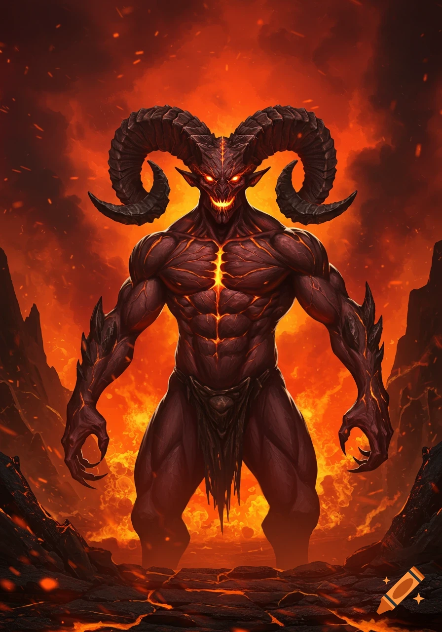 A muscular red demon with large ram horns, glowing eyes, and fiery cracks in its skin stands in a volcanic, orange-hued landscape.