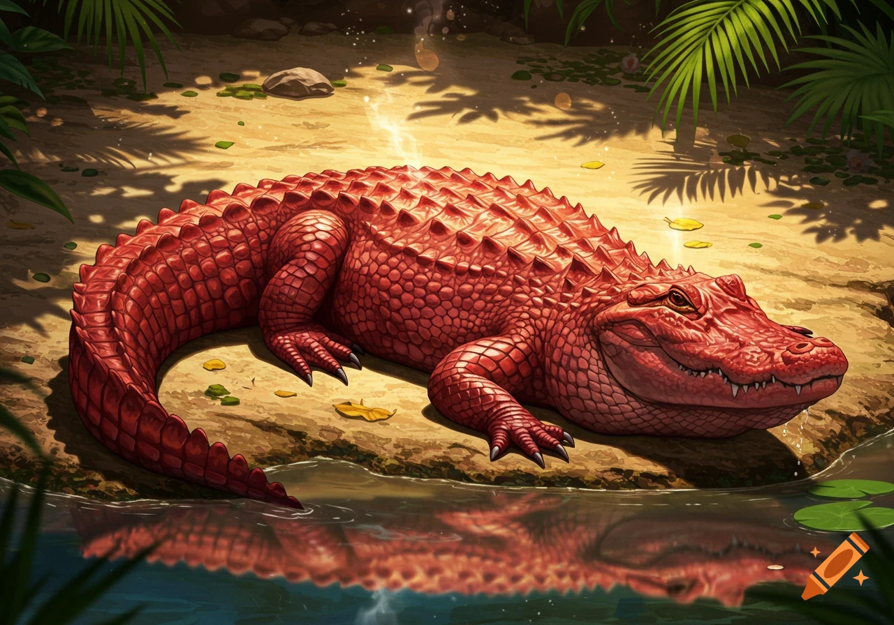 A vibrant red alligator with detailed scales rests on a sandy bank next to water, reflecting tropical plants.