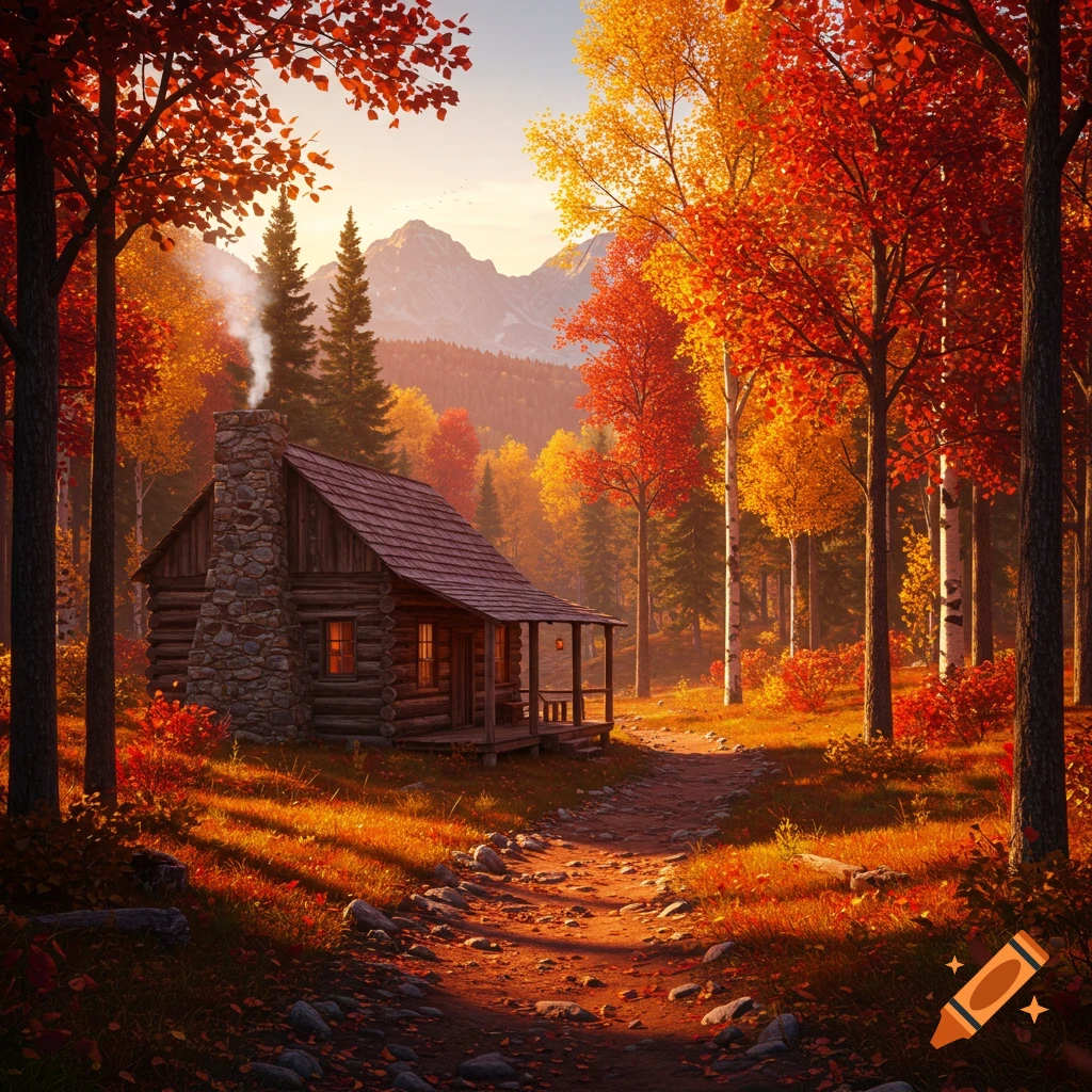 A rustic wooden cabin with a stone chimney sits in a vibrant autumn forest. A rocky path leads through colorful trees to distant mountains.