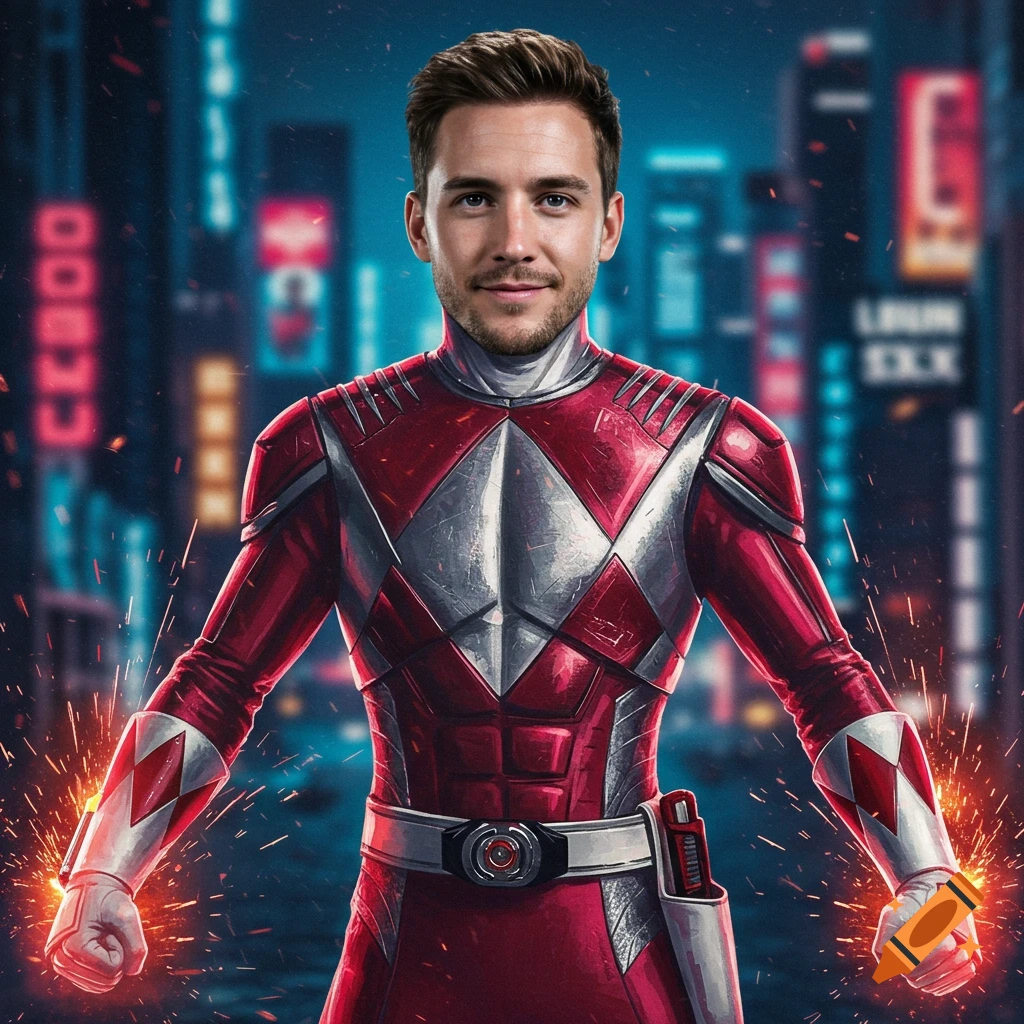 A man in a red and white Power Ranger suit stands against a blurred neon city background, with sparks emanating from his hands.